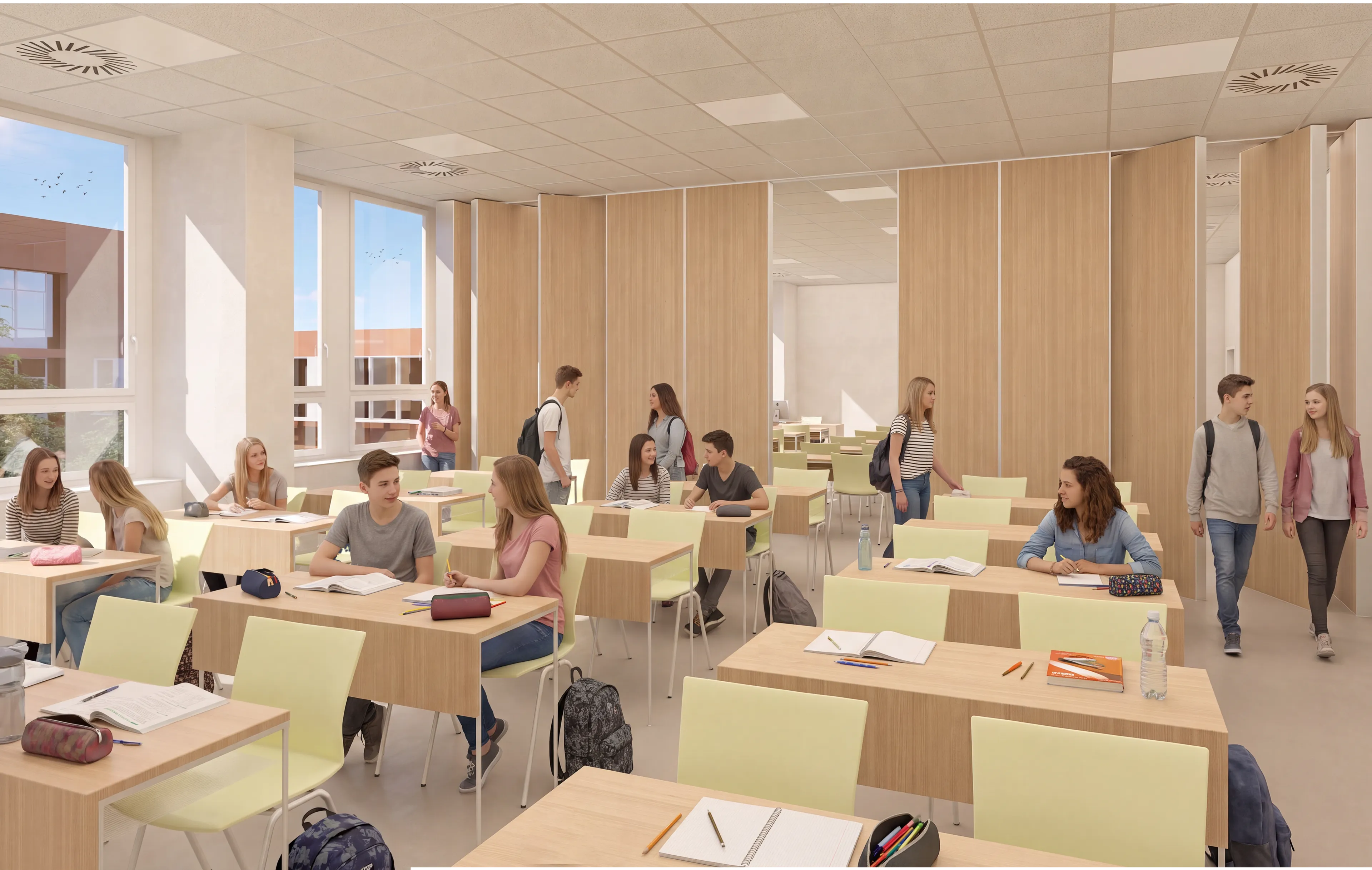 Variabilní uspořádání učeben umožňuje prostor propojovat i členit podle aktuálních potřeb výuky.