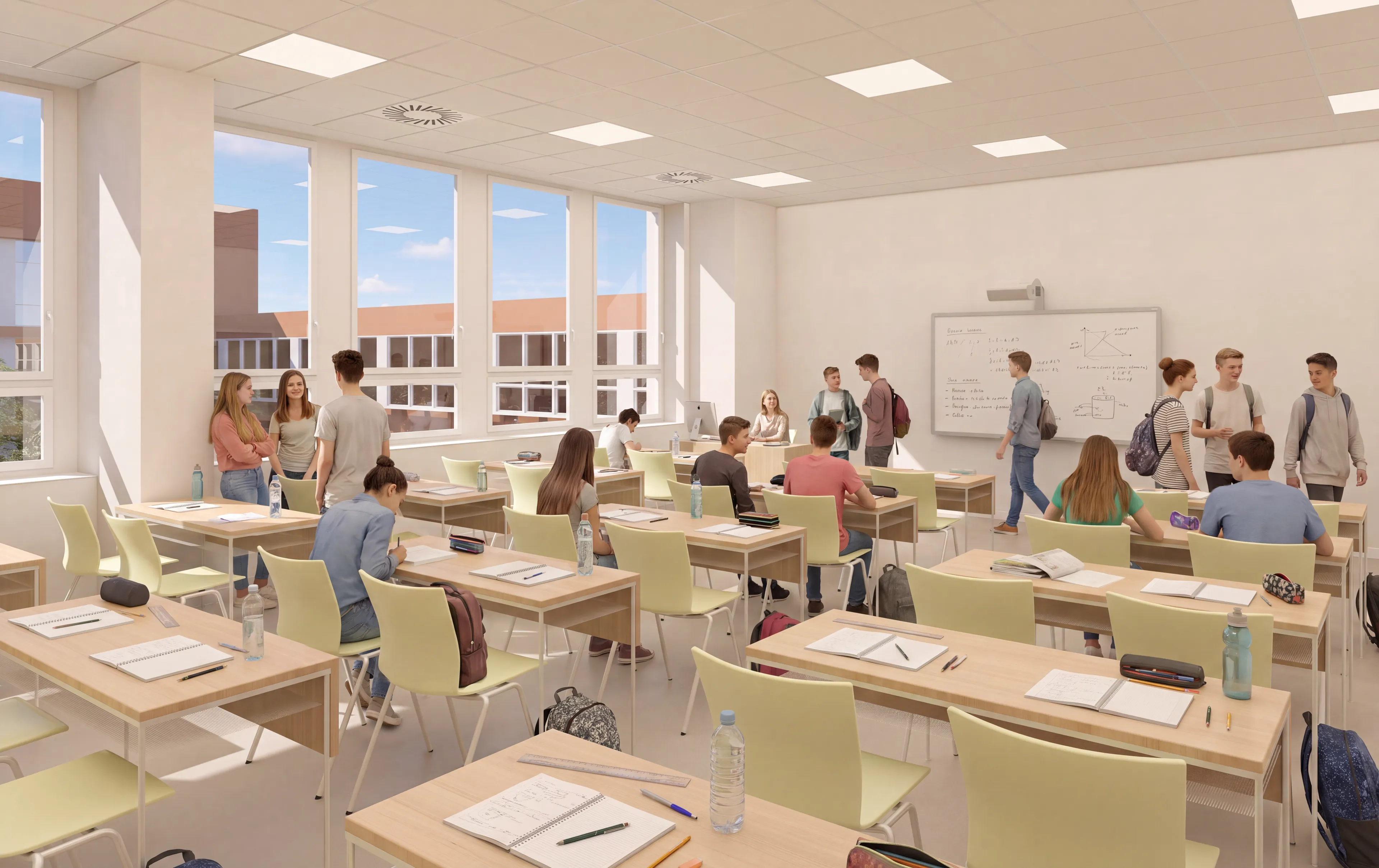Světlý interiér učeben doplňují přírodní materiály, neutrální barvy a dostatek denního světla.