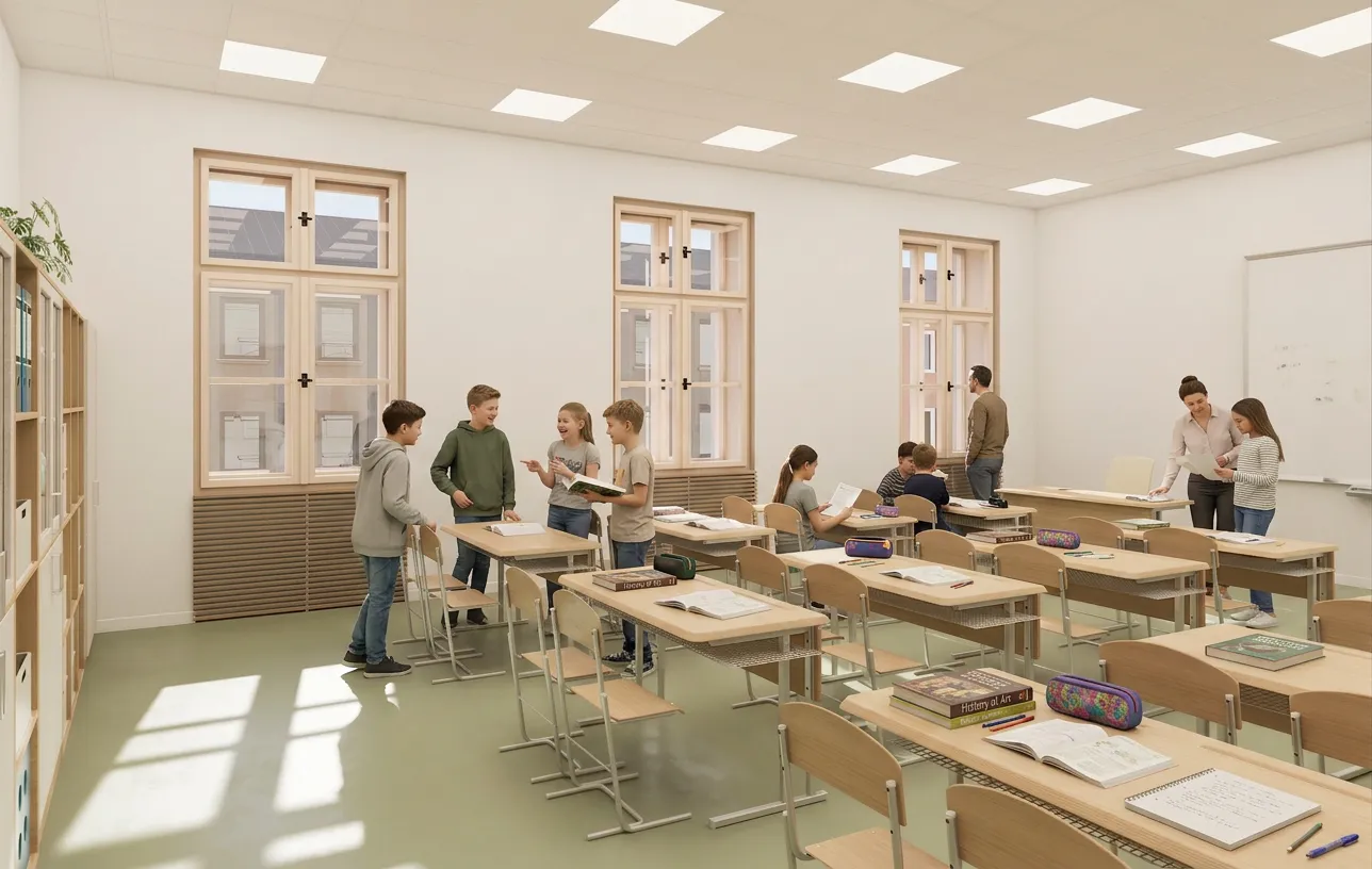 Historická okna vpouštějí do učebny měkké denní světlo z rušné ulice v centru Brna.