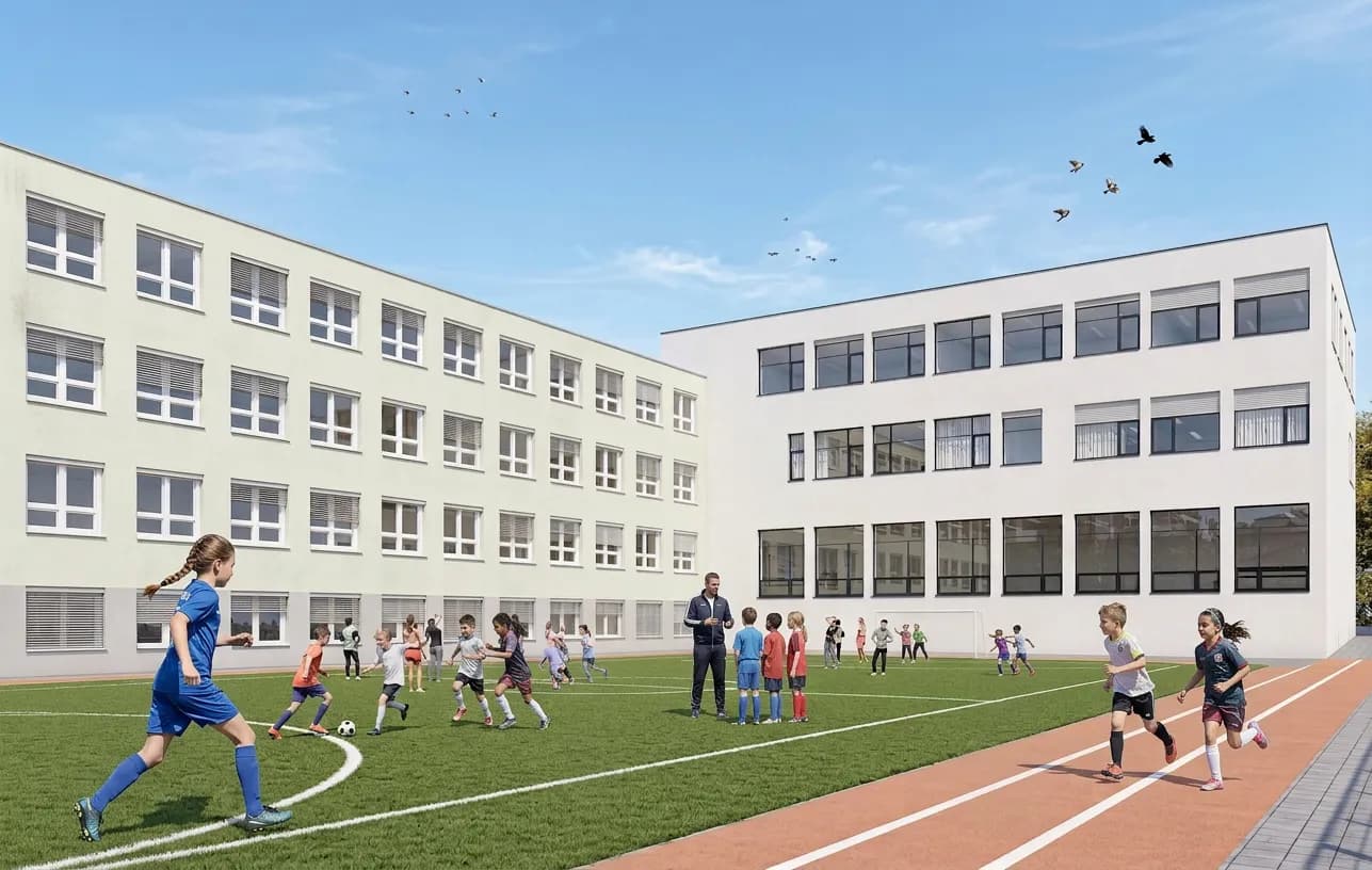 Pohled na nový pavilon ze hřiště
