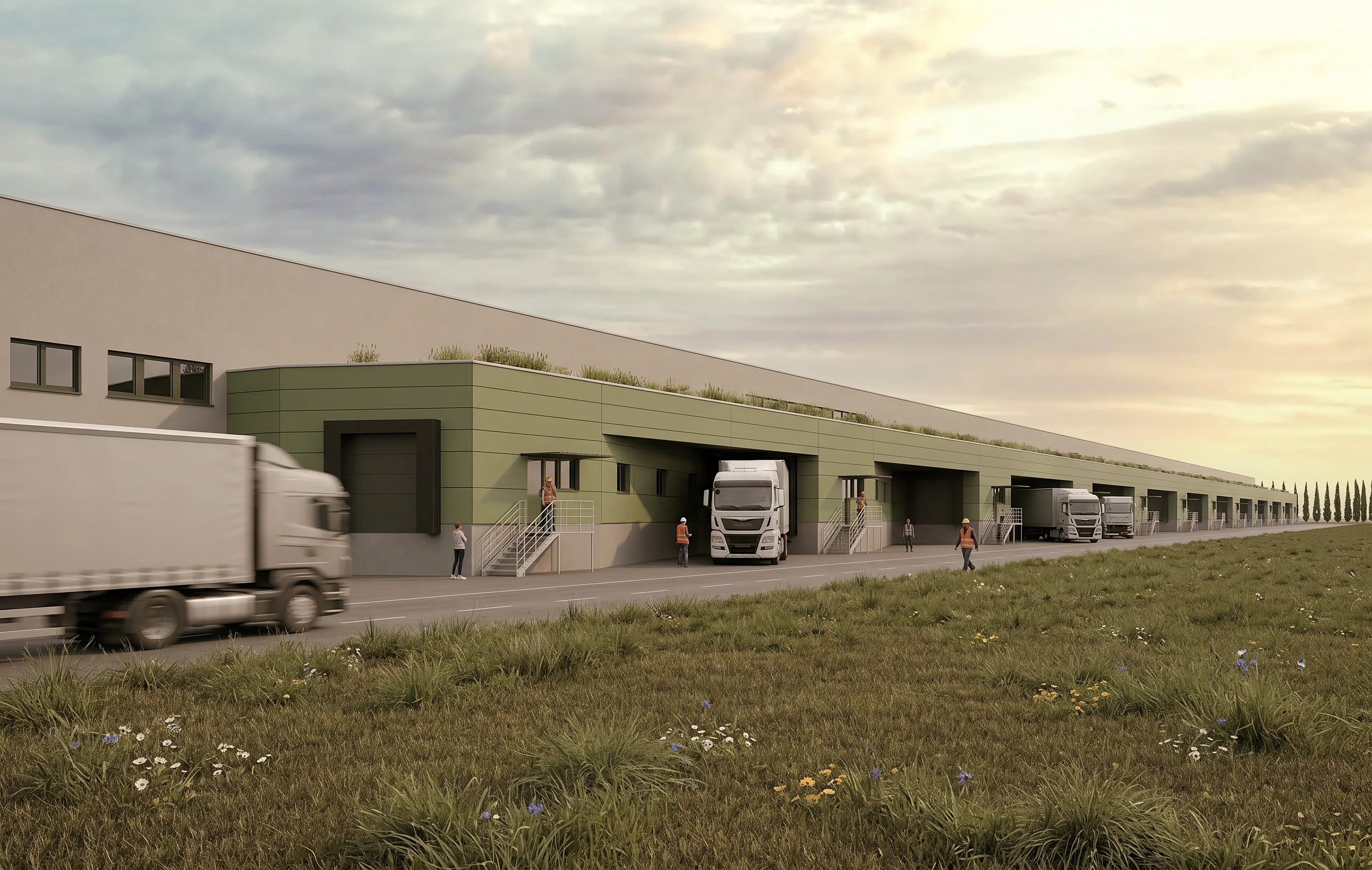 Kompoziční rytmus nakládacích ramp tvoří charakterisický architektonický výraz objektu