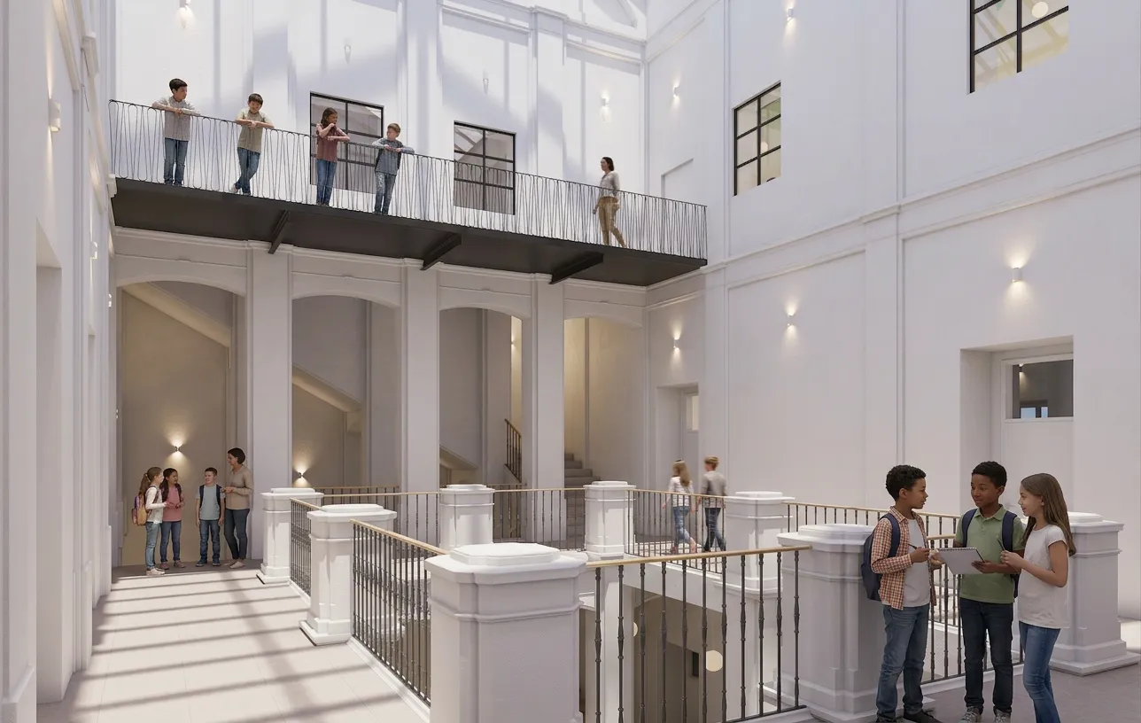 Vertikálně propojený prostor ožívá plynulým pohybem po galeriích.
