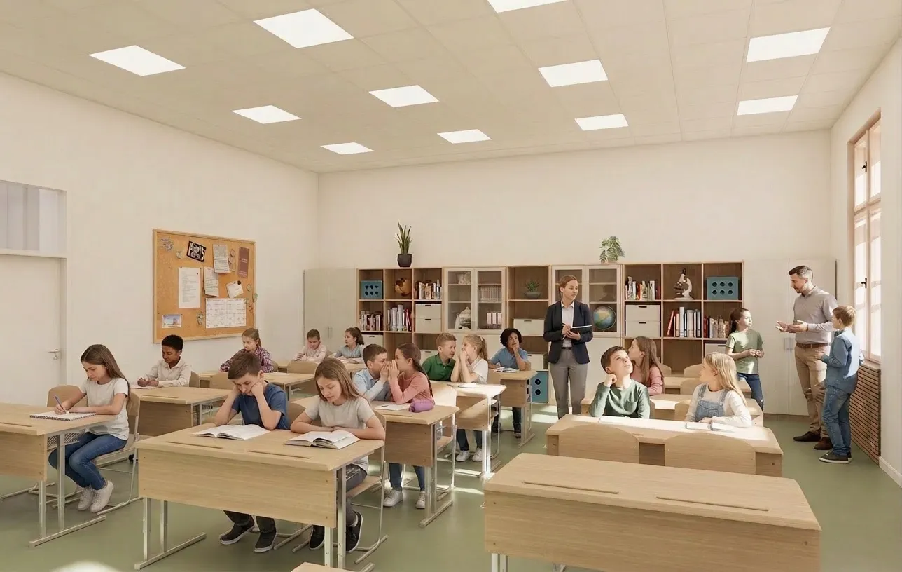 Racionálně uspořádaný interiér podporující koncentraci.