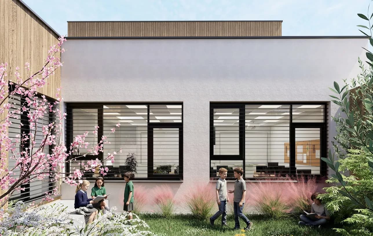 Pavilon se otevírá do zahrady velkými proskleními a propojuje interiér se zelení.