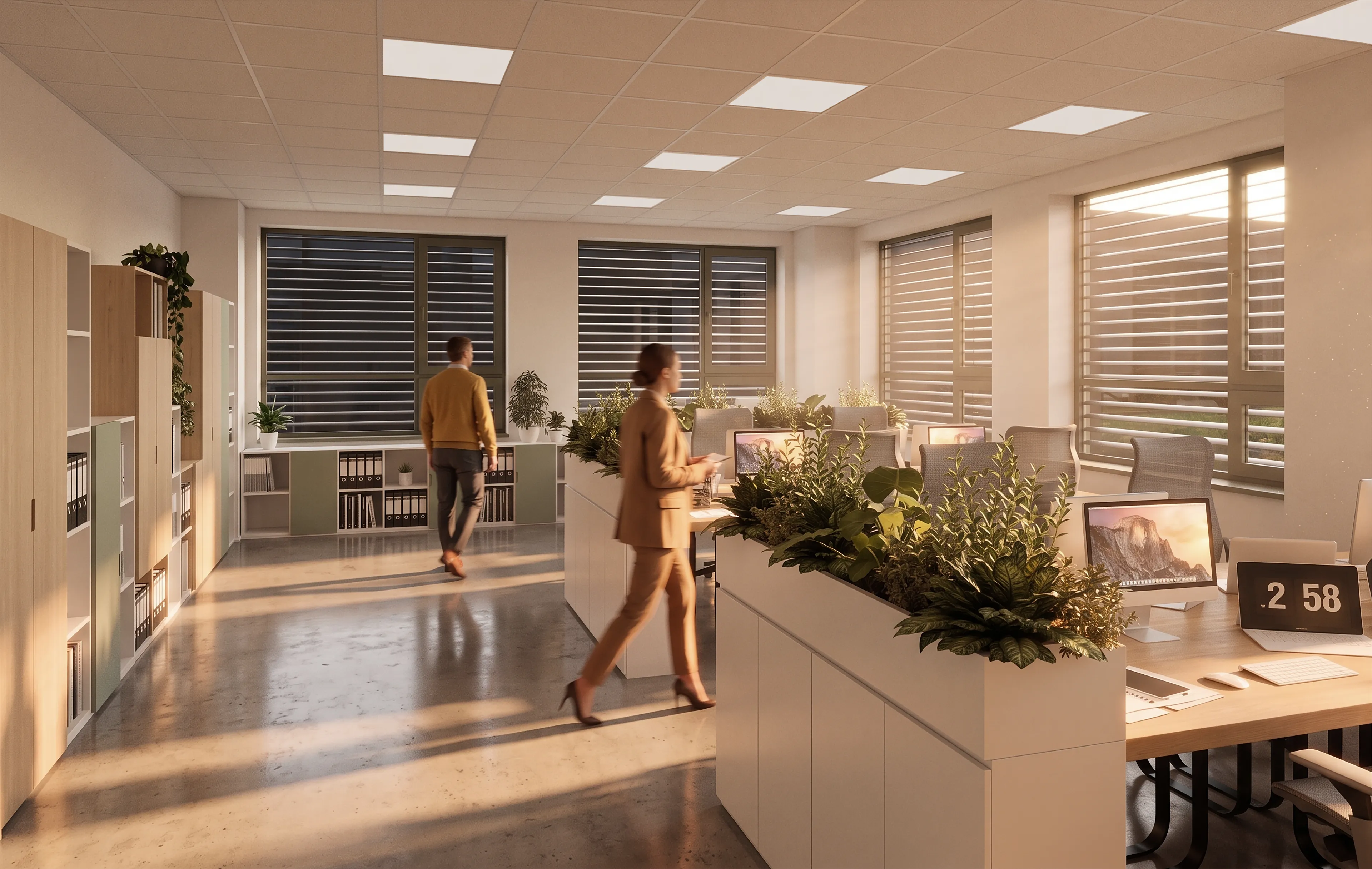 Harmonický kontrast surového betonu, světlého dřeva a interiérové zeleně vytváří flexibilní pracovní prostředí