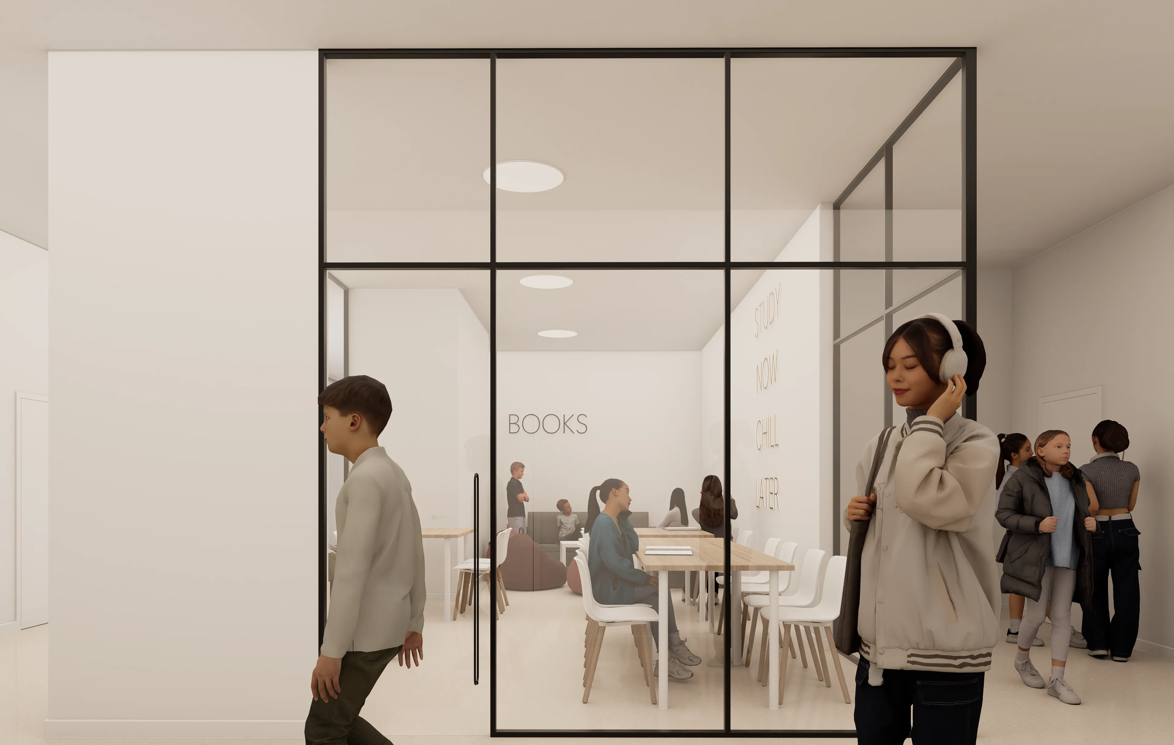 Prosklení umožňují vizuální kontakt mezi studovnou a komunikačním prostorem