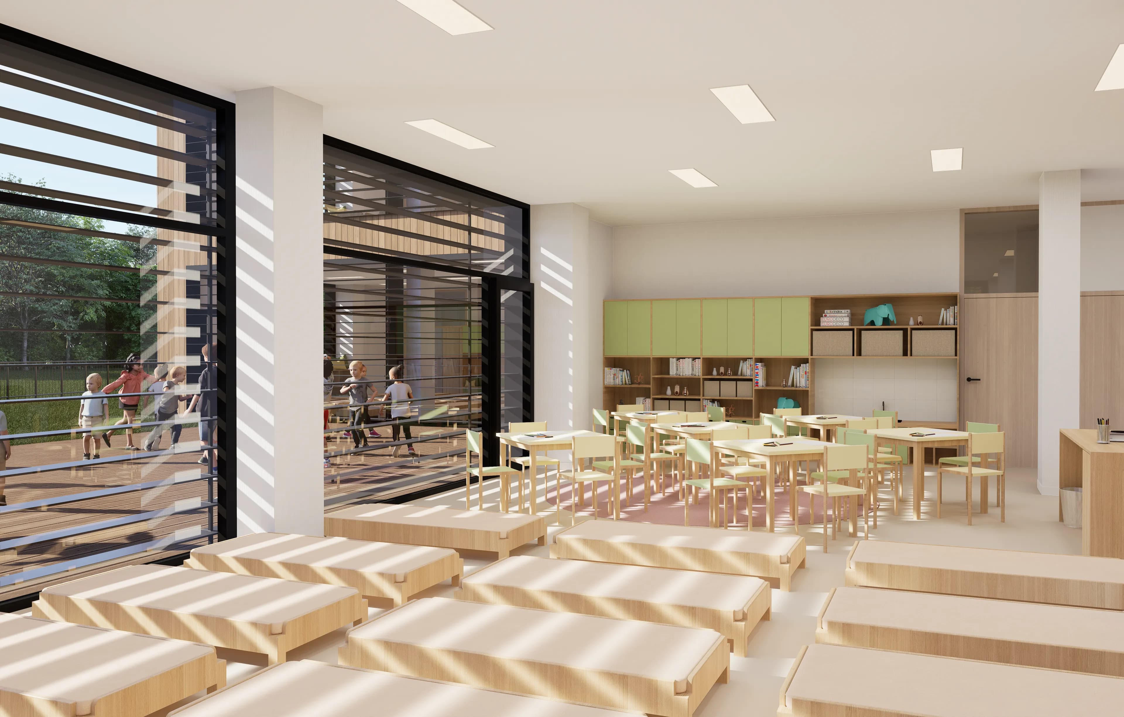 Výhled na terasu přístupnou přímo ze třídy