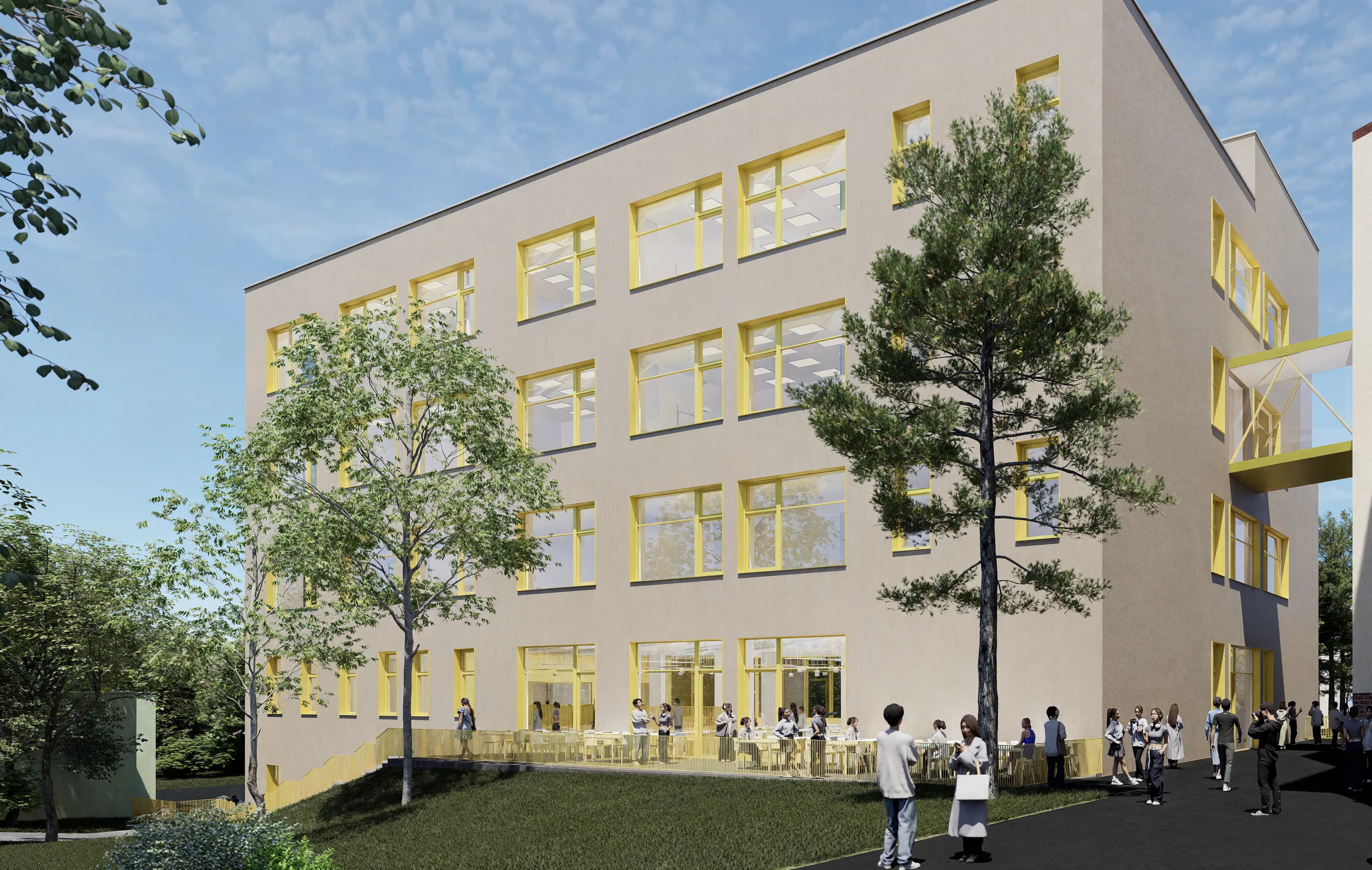 Terasa a pobytové schodiště s výhledem na areál školy