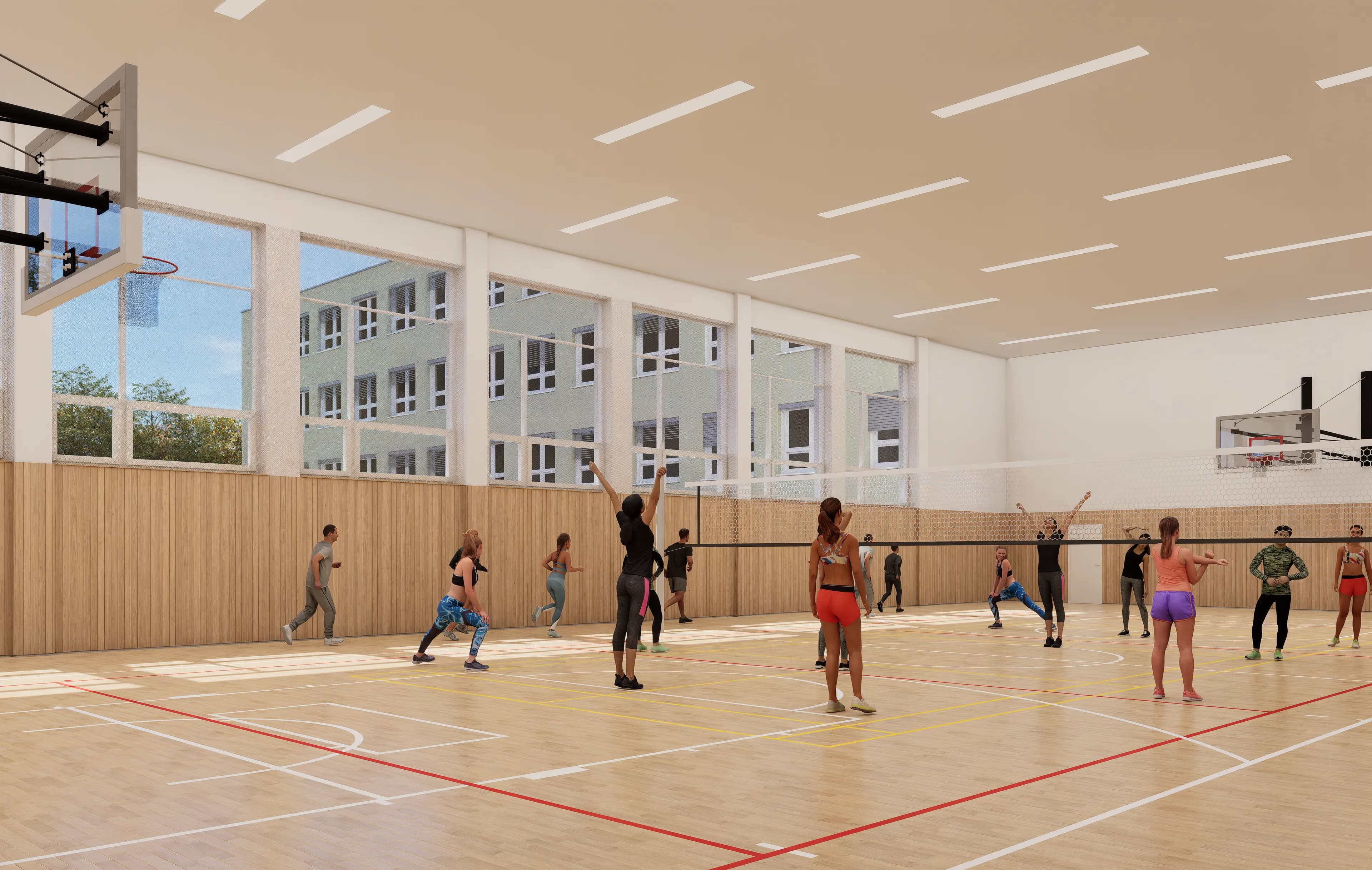 Velkoplošné prosklení prosklení je zabezpečeno ochrannou sítí