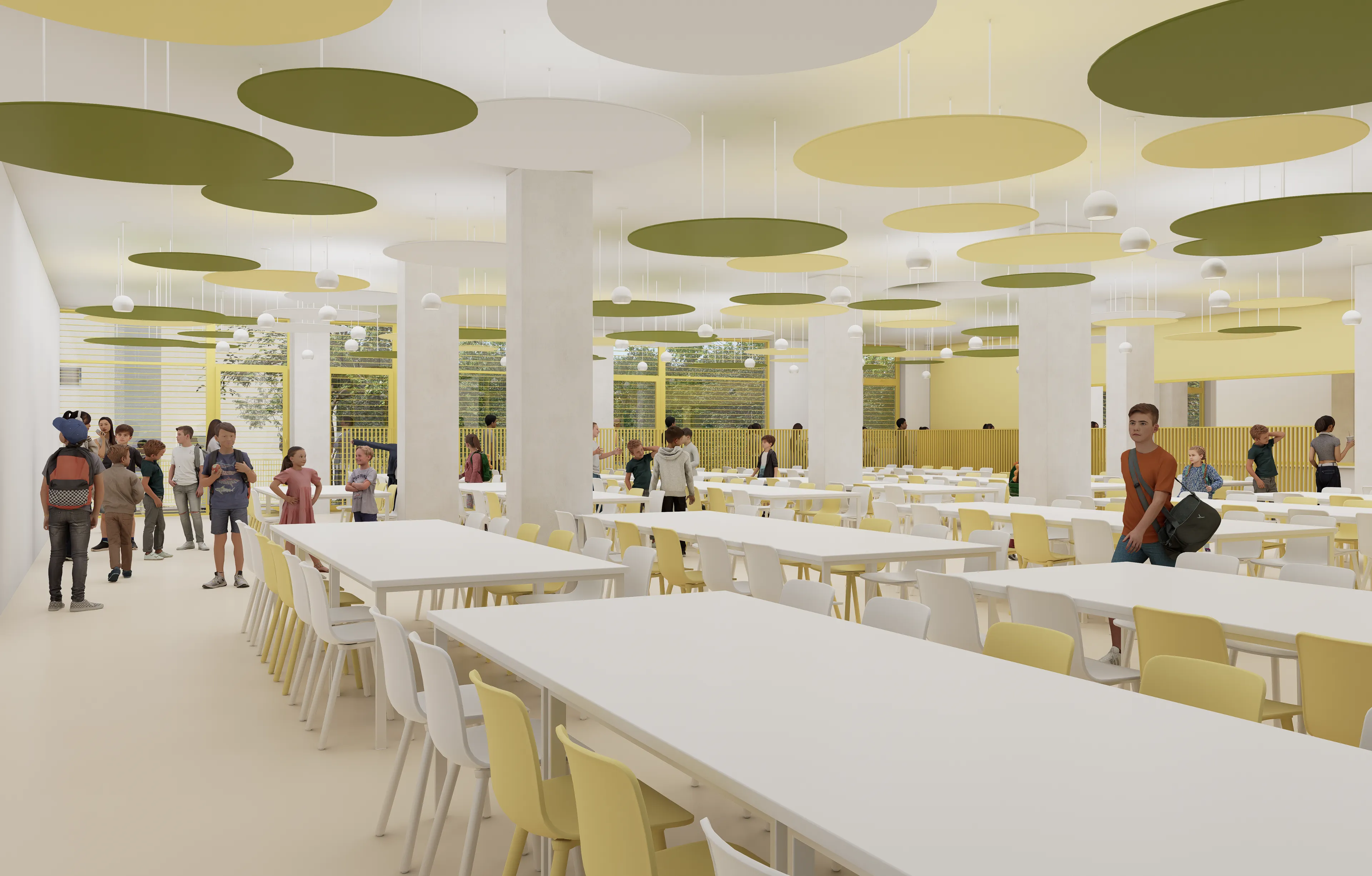 Lehké zástěna odděluje čekající a strávníky na oběd